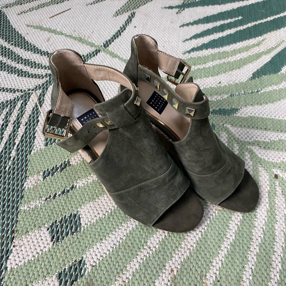 White House Black Market Olive Suede Ankle Strap Peep-Toe Heels